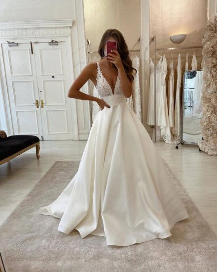 Elegant V-neck Spaghetti Sleeveless Lace A-line Bridal Gowns Floor Length Wedding Dress_2