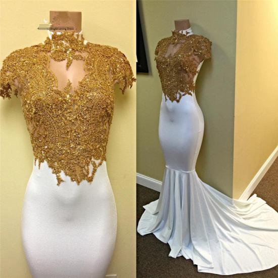 Weißes wunderschönes Abendkleid mit Flügelärmeln 2022 Meerjungfrau-Abschlussballkleid mit Goldapplikationen_2