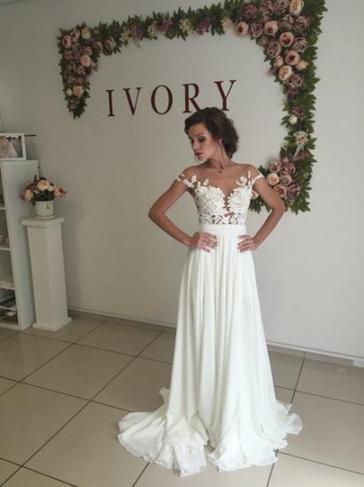 Short Sleeve A-Line Chiffon Summer Wedding Dresses Split Lace Applique Beach Bridal Gowns