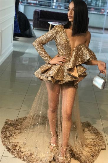 One Sleeve Gold Sequins Prom Dresses Cheap 2022 | Sheer Tulle Appliques Sexy Evening Gowns