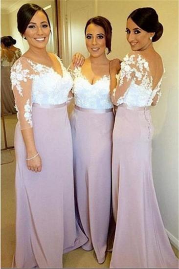 Weiße Spitzenapplikationen Günstige Brautjungfernkleider 2022 Helles Lavendel-Abendkleid mit Ärmeln