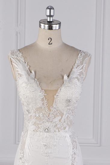 TsClothzone Glamorous Mermaid Satin Sleeveless Wedding Dress White Lace Appliques Bridal Gowns with Beadings On sale_6