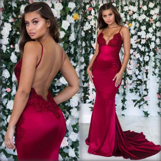 Burgundy Sleeveless Mermaid Backless Prom Dresses | Spaghetti-Straps Lace Appliques Evening Gowns_3