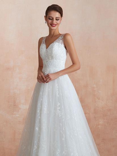 White Sleeveless V Neck Tulle Lace A-Line Wedding Dresses_8