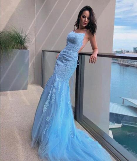 Spaghetti Straps Sky Blue Lace Tull Mermaid Party Gown Prom Wear Dress_2