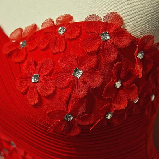 Chiffon Red One Shoulder Blumen Langes Abendkleid Sweep Train Preiswert Rüschen Reißverschluss Ballkleider für Frauen_3