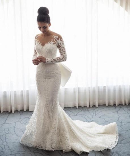 Gorgeous Mermaid Lace Wedding Dress with Sleeves | Bowknot Detachable Overskirt Bride Dress_3