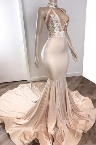 Backless Champagne Pink Cheap Prom Dresses with Appliques | Sexy Mermaid Nude Formal Evening Gowns