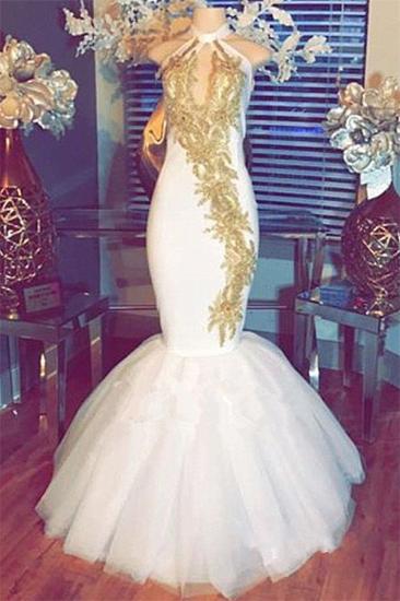 Halter Gold Beads Mermaid Prom Dresses | Sleeveless White Evening Gown With Appliques_2