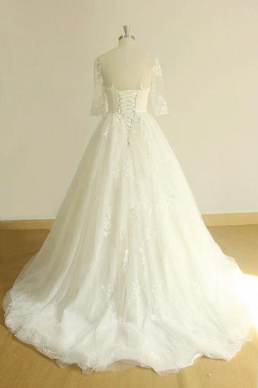 Einzigartiges Halbarm-Spitzen-Tüll-Hochzeitskleid | A-Linie Brautkleider mit weißen Applikationen_3