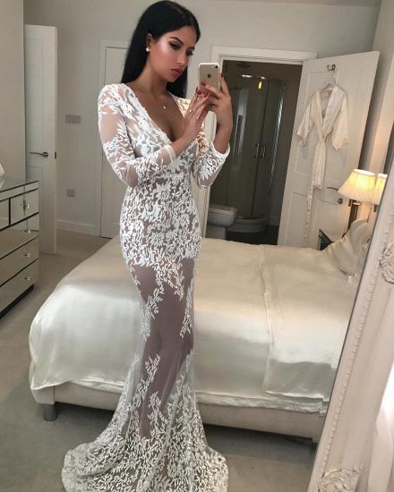 Deep V-neck Sexy Lace Formal Dress 2022 | Long Sleeve See Through Evening Gown_3