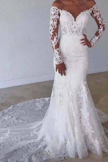 Elegant Off Shoulder White Lace Mermaid Wedding Gown with Floral Appliques_1