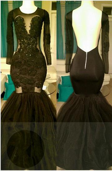 Glamorous Mermaid Backless Black Prom Dresses | 2022 Long Sleeves Appliques Party Dresses_2