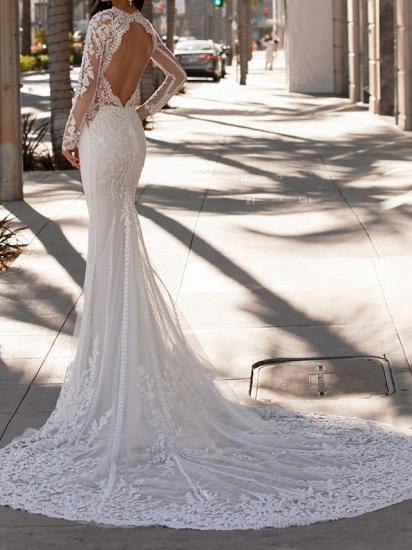 Formal Mermaid Jewel Wedding Dress Lace Satin Sleeveless Bridal Gowns  with Court Train_2