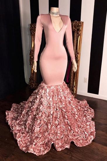 Pink Long Sleeves Flowers Mermaid Prom Gowns | Elegant V-Neck Evening Dress