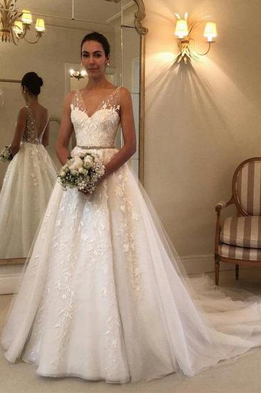 Glamouröse Brautkleider mit V-Ausschnitt Tüll Ärmelloses 3D-Brautkleid mit Blumenspitze_1