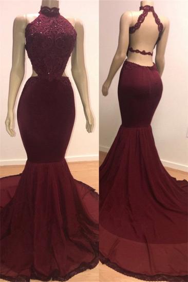 Mermaid Open Back Sexy Burgundy Prom Dresses Cheap | High Neck Lace Evening Gowns 2022_2