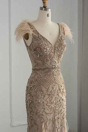 Wunderschönes Meerjungfrau-Abendkleid mit V-Ausschnitt und Perlenbesatz aus glänzenden Steinen und Federn für Dubai-Partykleider_6