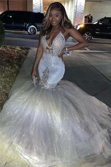 Spaghetti Straps Silver Sparkling Sequins Prom Dress | Beads Appliques Mermaid Sexy Prom Dress Online_1