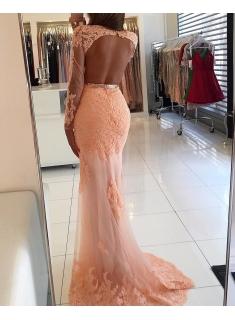 Long Sleeve Coral Lace Formal Dress 2022 Appliques Newest High Neck Mermaid Prom Dress_2