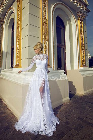 Long Sleeve Jewel Lace Wedding Dresses 2022 Appliques Side Slit Zipper Bridal Gowns