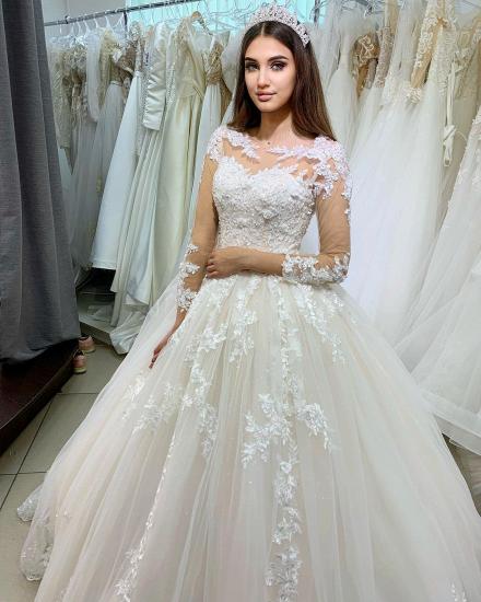 Glamouröses Tüll-Brautkleid mit langen Ärmeln und 3D-Blumenspitze_2