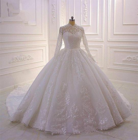 Sparkle Lace Ball Gown High Neck Tull Long Sleeves Wedding Dress_6