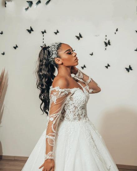 Glamorous Off Shoulder Long Sleeves Long Bridal Dress Tulle Lace Wedding Dress_3