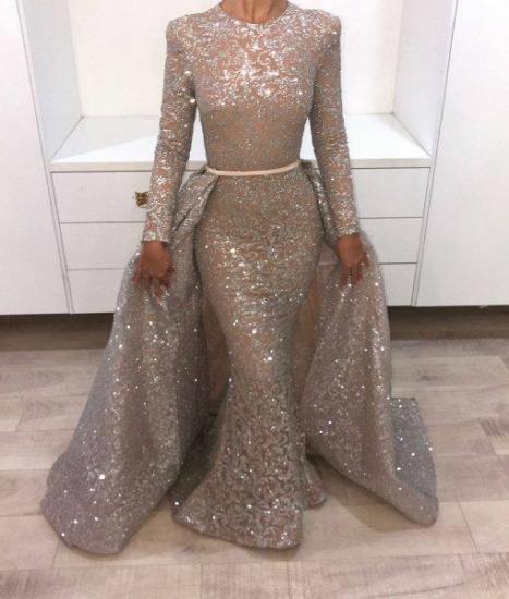 Amazing Sparkle Long Sleeve Sequins Evening Dresses Mermaid Overskirt 2022 Popular Prom Dresses_3