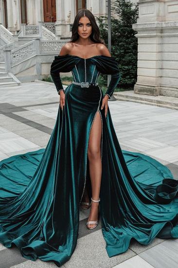 Dark Green Fashion Slit Front Off Shoulder Prom Dress | With Train Prom Dress_3