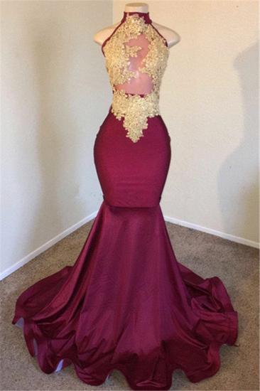 Mermaid Burgundy High-Neck Applique Sleevless Prom Dresses_1