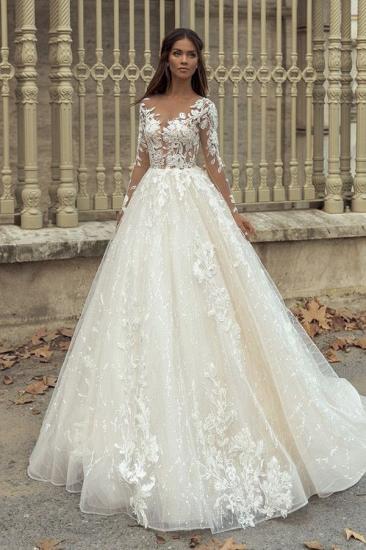 V-neck flower lace aline long sleeve and floor Wedding Dress_1