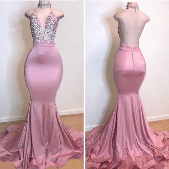 Cheap Open Back Pink Long Prom Dresses | Silver Crystals Appliques Mermaid Sexy Evening Gowns_2