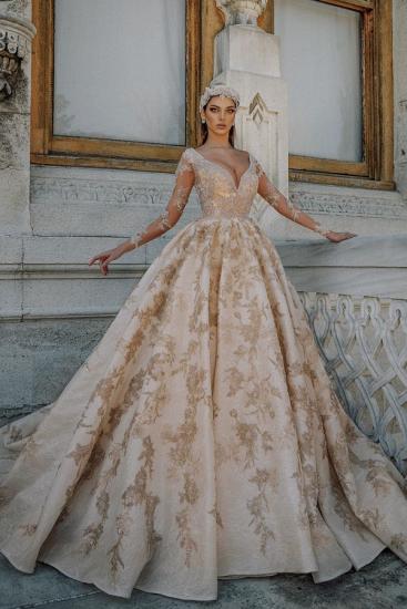 Luxury Long sleeves V-neck Ball Gown Lace Wedding Dresses_1