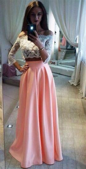 Elegant Lace Two Pieces Formal Dress Cheap A-Line Off The Shoulder Pink Prom Dress