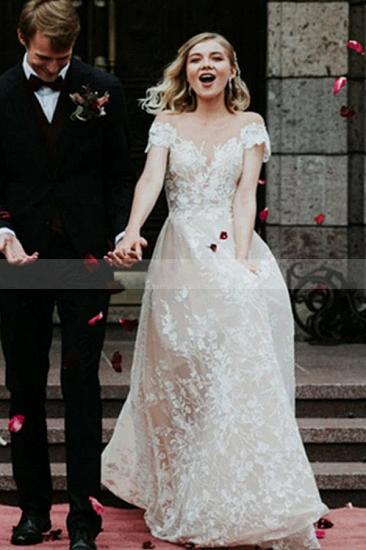 Charming Off Shoulder Floral Lace Bridal Gown Princess White Aline Wedding Dress_3