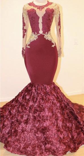 Burgundy Open Back Gold Lace Prom Dresses Cheap 2022 | Mermaid Long Sleeve Sexy Evening Dress with Ruffled Train