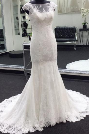 Elegant Cap Sleeves White Illusion neck Lace Mermaid Wedding Dress with Court Train_1