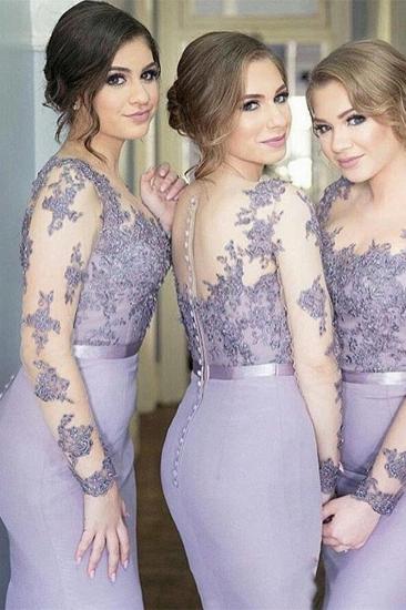 Long-Sleeve Lavender Lace Appliques Buttons Illusion Mermaid Popular Bridesmaid Dress