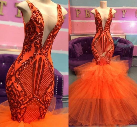Orange Mermaid Lace Appliques Prom Dresses | Tulle Ruffles Sexy V-neck Cheap Evening Gowns_2