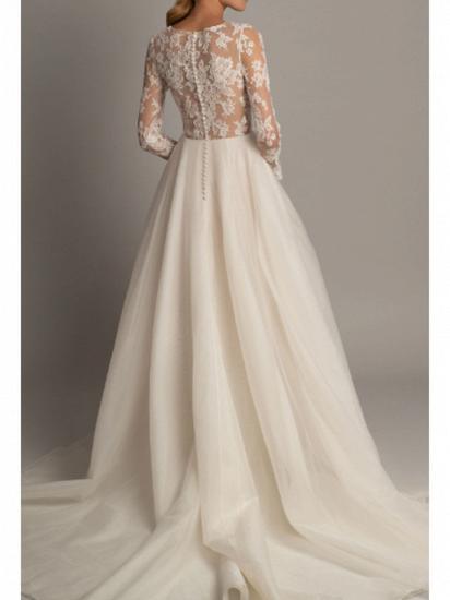 Romantic A-Line Wedding Dress V-Neck Lace Tulle Long Sleeve Sexy Backless Bridal Gowns Court Train_2