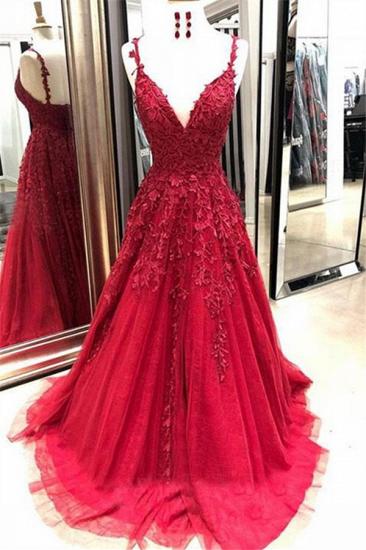 Gorgeous Spaghetti Strap Applique Prom Dresses | Red Tulle Sleeveless Evening Dresses_1
