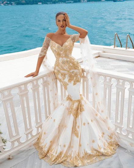 Mermaid Wedding Gowns Gold Appliques Half Sleeve Cape_3