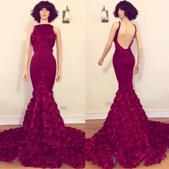 Backless Burgundy Flowers Prom Dresses for Juniors | Sleeveless Mermaid Sexy Evening Gowns Cheap_2