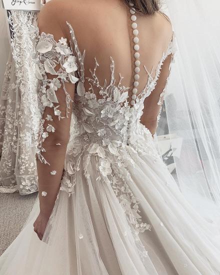 Glamouröses weißes Brautkleid mit langen Ärmeln aus 3D-Blumenspitze und Tüll-Schleppe_3