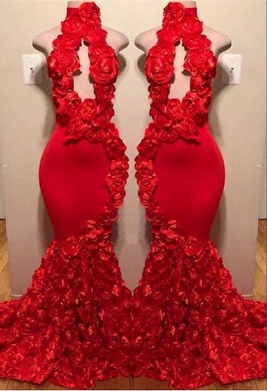 Sexy Flowers Halter Sleeveless Long Prom Dresses | Red Keyhole Mermaid Evening Gowns