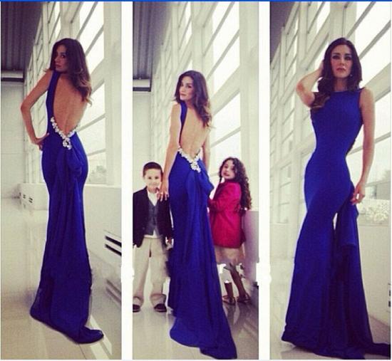 Royal Blue Stretch Stain 2022 Open Back Evening Dresses with Crystals Sexy Long Party Dresses for Prom_2