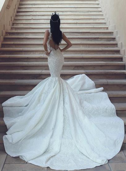 Elegante ärmellose Brautkleider mit V-Ausschnitt | Meerjungfrau-Spitze-Brautkleider mit Knöpfen_3