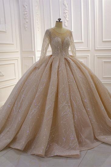 Glänzendes Duchesse-Tüll-Juwelen-Hochzeitskleid mit langen Ärmeln und Rüschen_2