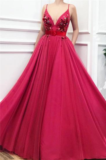 Sexy Spaghetti Straps V Neck Burgundy Prom Dress | Chic Tulle Flower Beading Long Prom Dress with Sash